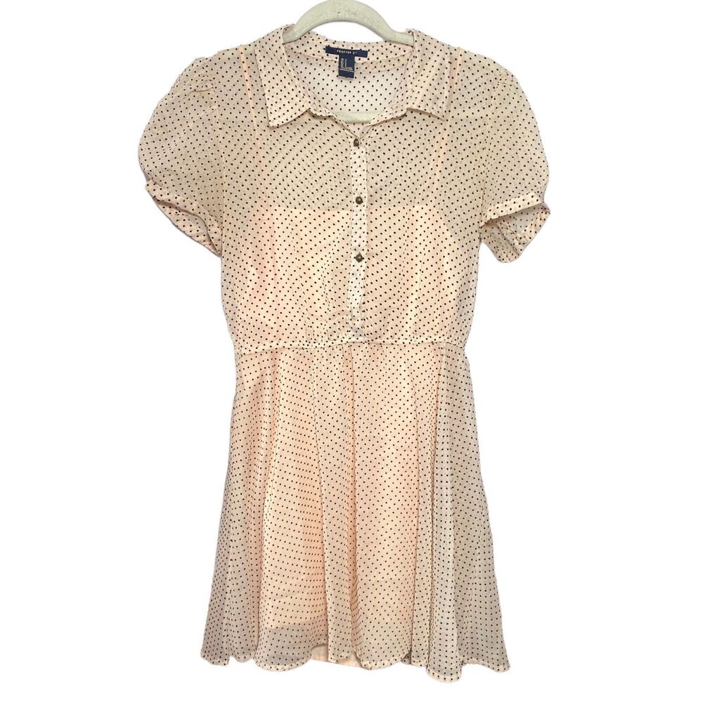 Forever 21 Womens Sz M Blush Shirt Dress Pin Up Retro Button Up Lined Polka Dot